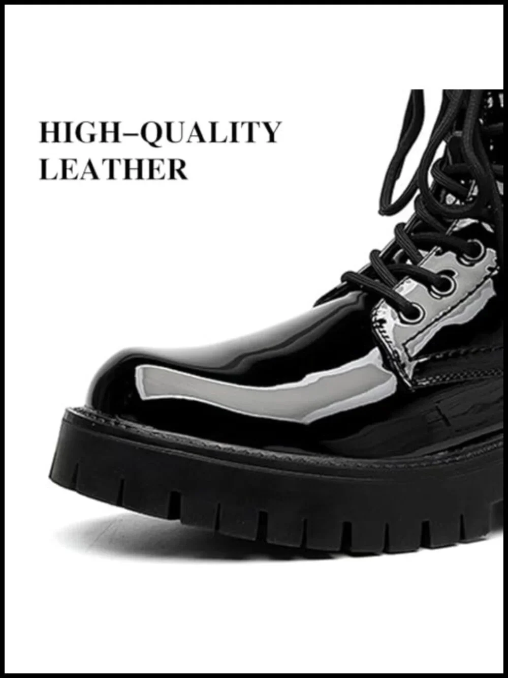 Black Patent Leather Platform Combat Boots Lace Up Side Zipper Chunky Heel